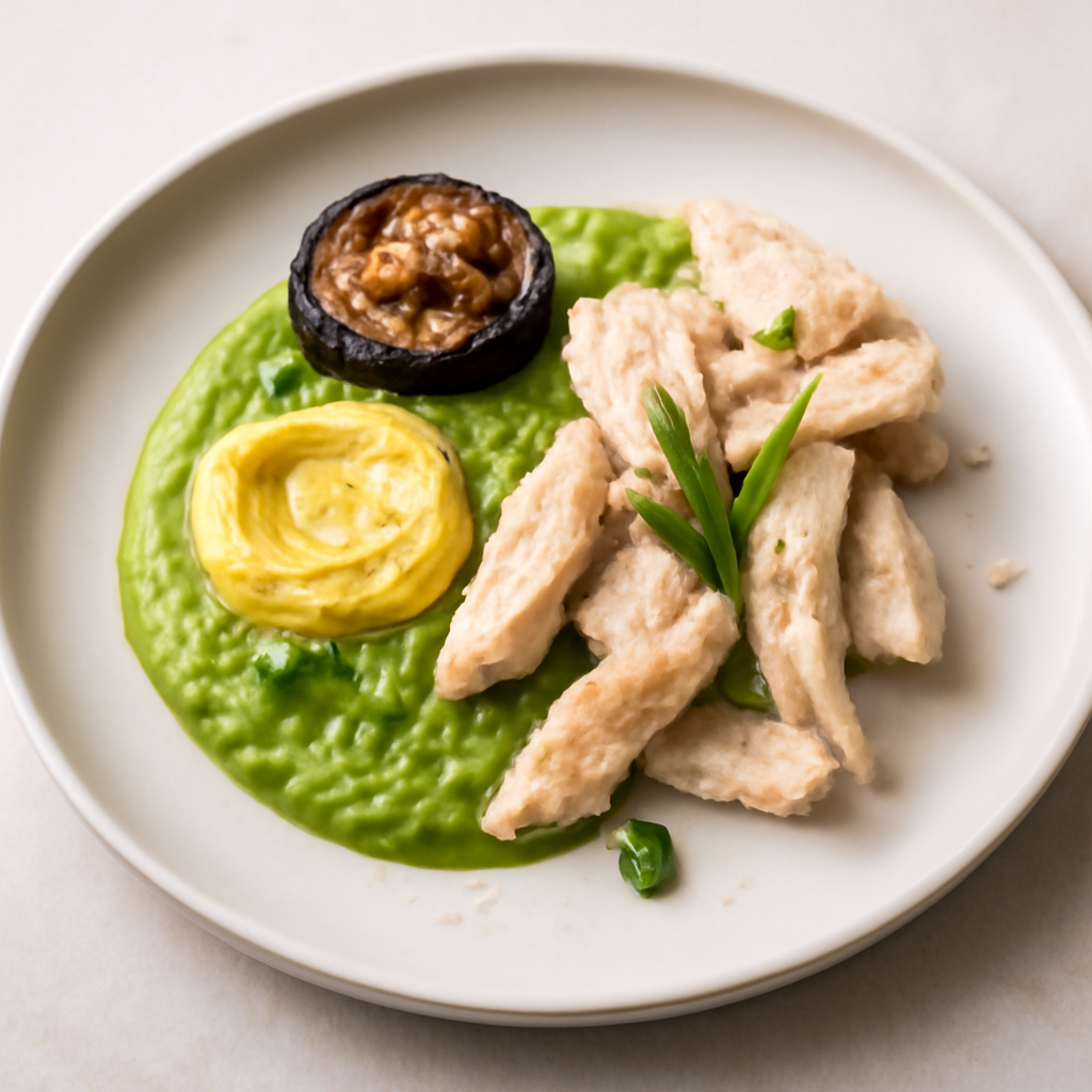 STRACCETTI DI POLLO BOLLITO CON CREMA D PISELLI, MAIONESE AL CURRY E RICCI D MELANZANA
