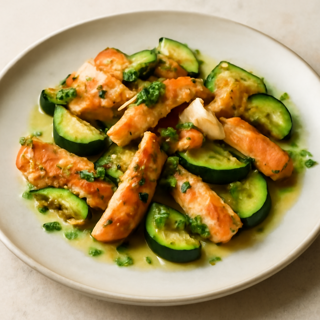 Straccetti di salmone scottati in padella con salsa al prezzemolo e zucchine