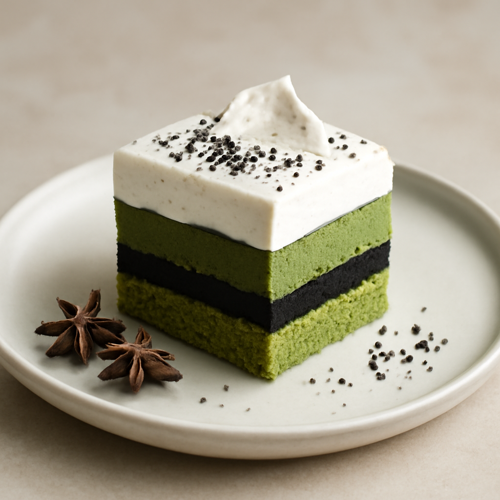 Stratificazione al the matcha e sesamo nero con spezie