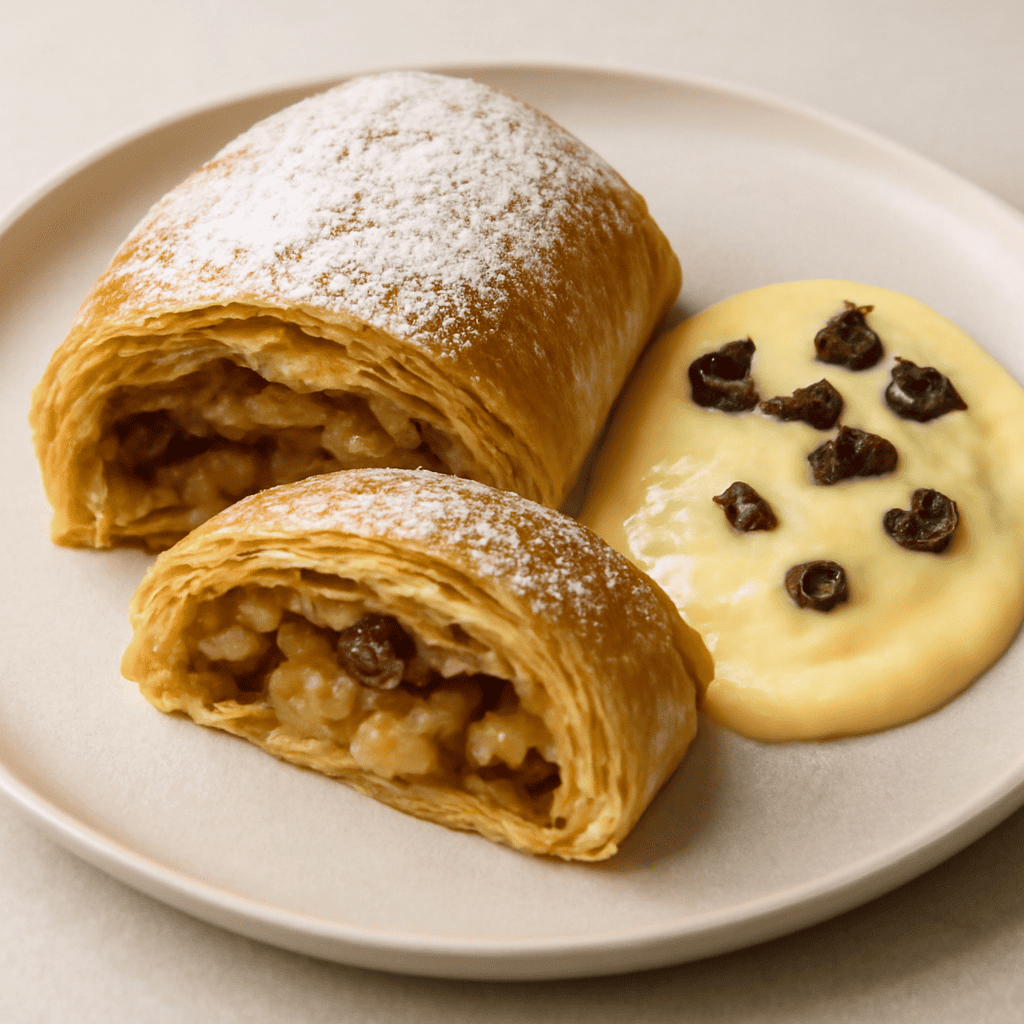 Strudel di mele con crema all’uvetta.