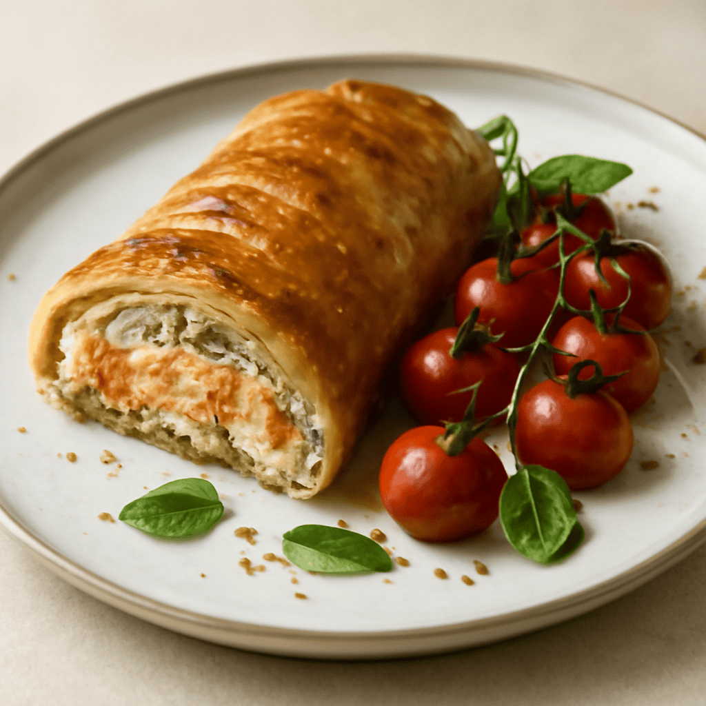 Strudel salato al salmone e ricotta speziata con pomodorini confit