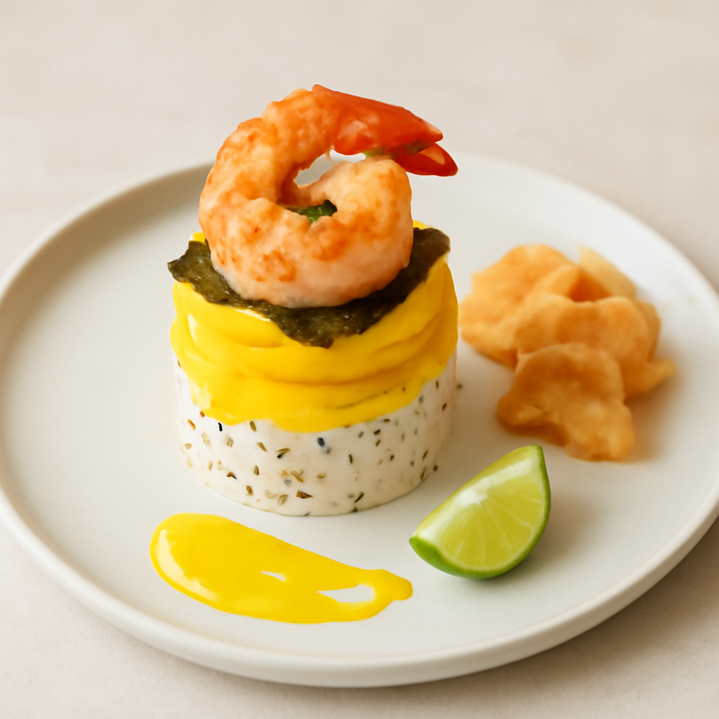 sushi tower con gambero al mango e chips di gamberi