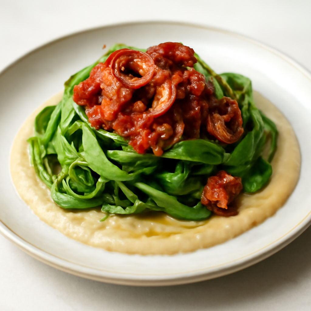“Taccozze” fresche di rucola selvatica con purea di ceci e polipetti con concassè di pomodori