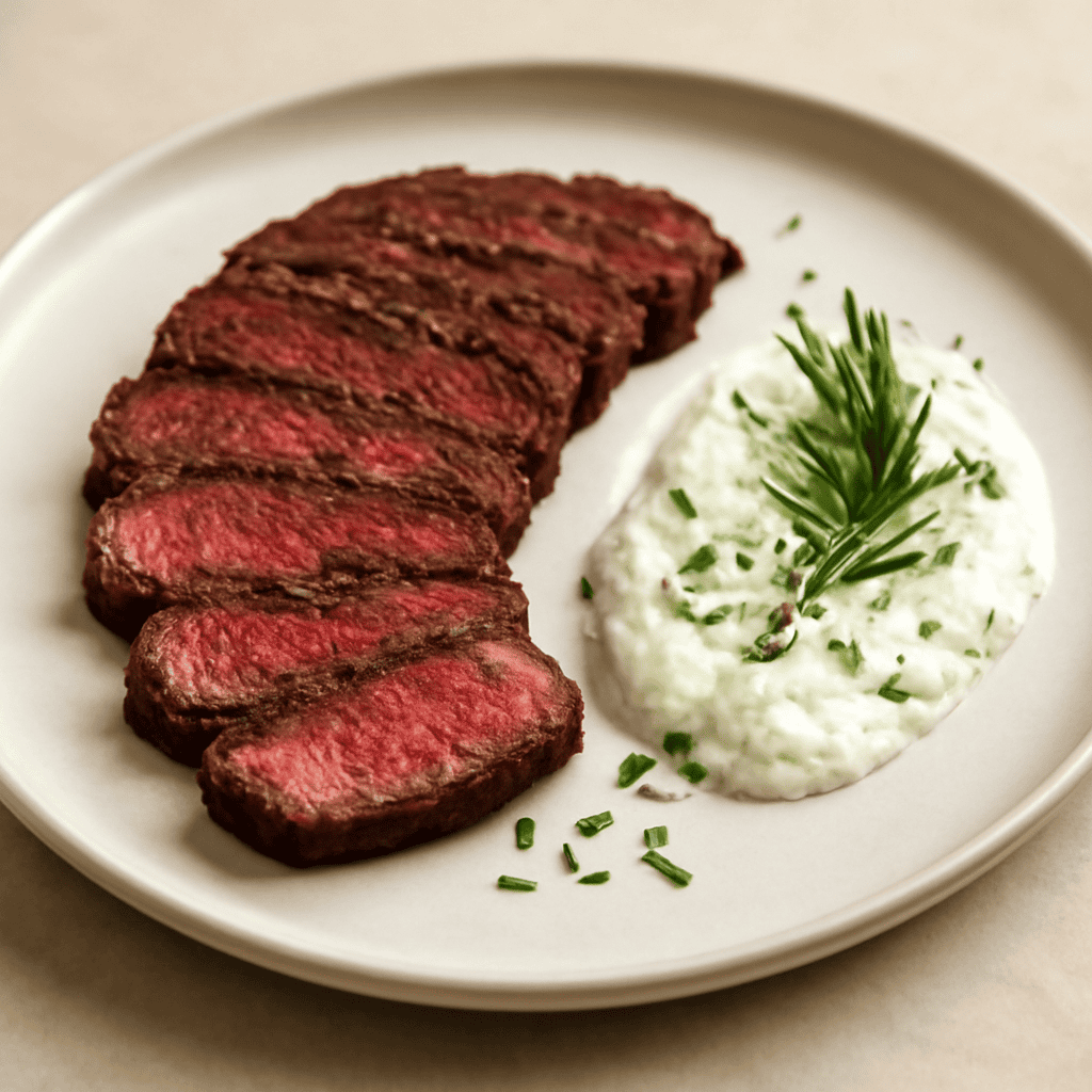 Tagliata di manzo con crema all’aglio e rosmarino