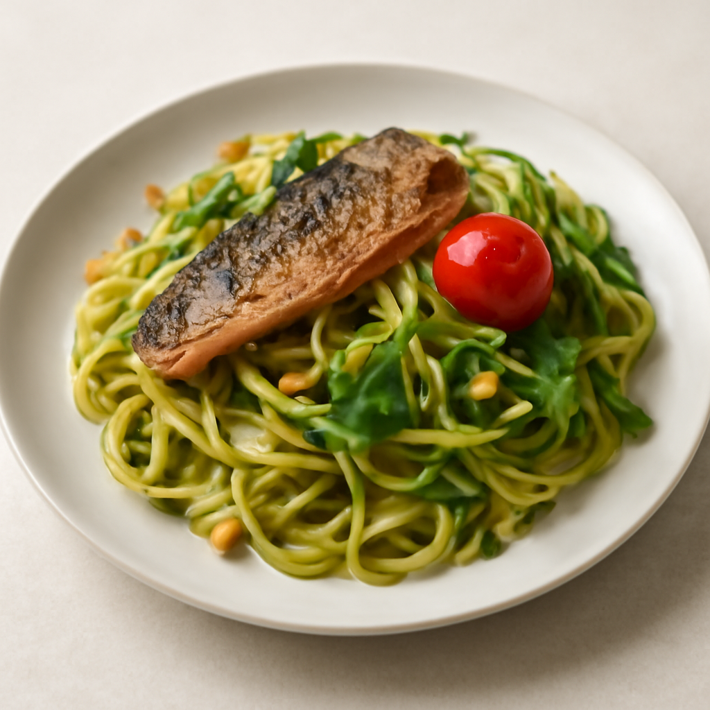Tagliatella aromatizzata alla rucola con sgombro saltato in padella con crema di zucchine e pinoli tostati