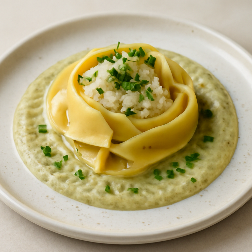 Tagliatella ripiena di baccalà e lime su crema di carciofi e pecorino