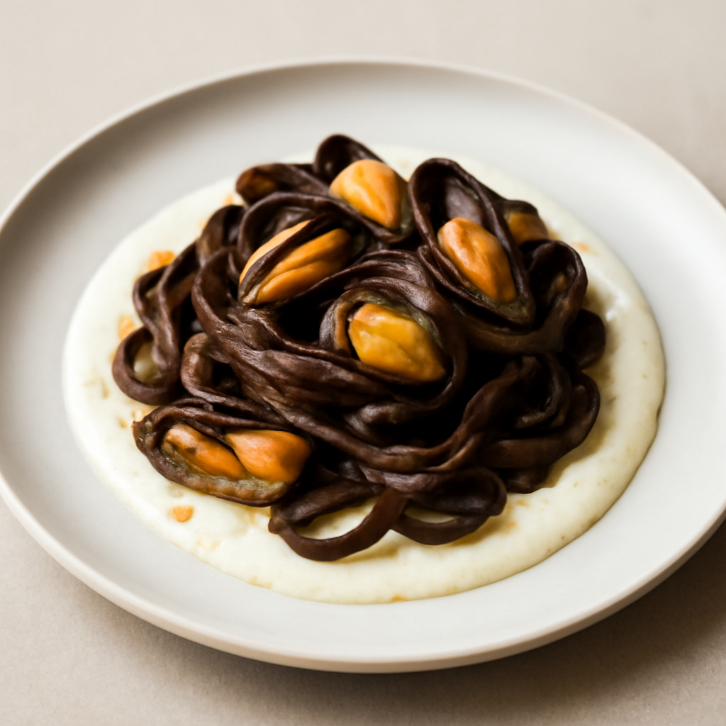 Tagliatelle al cacao con cozze su crema di pecorino e pepe