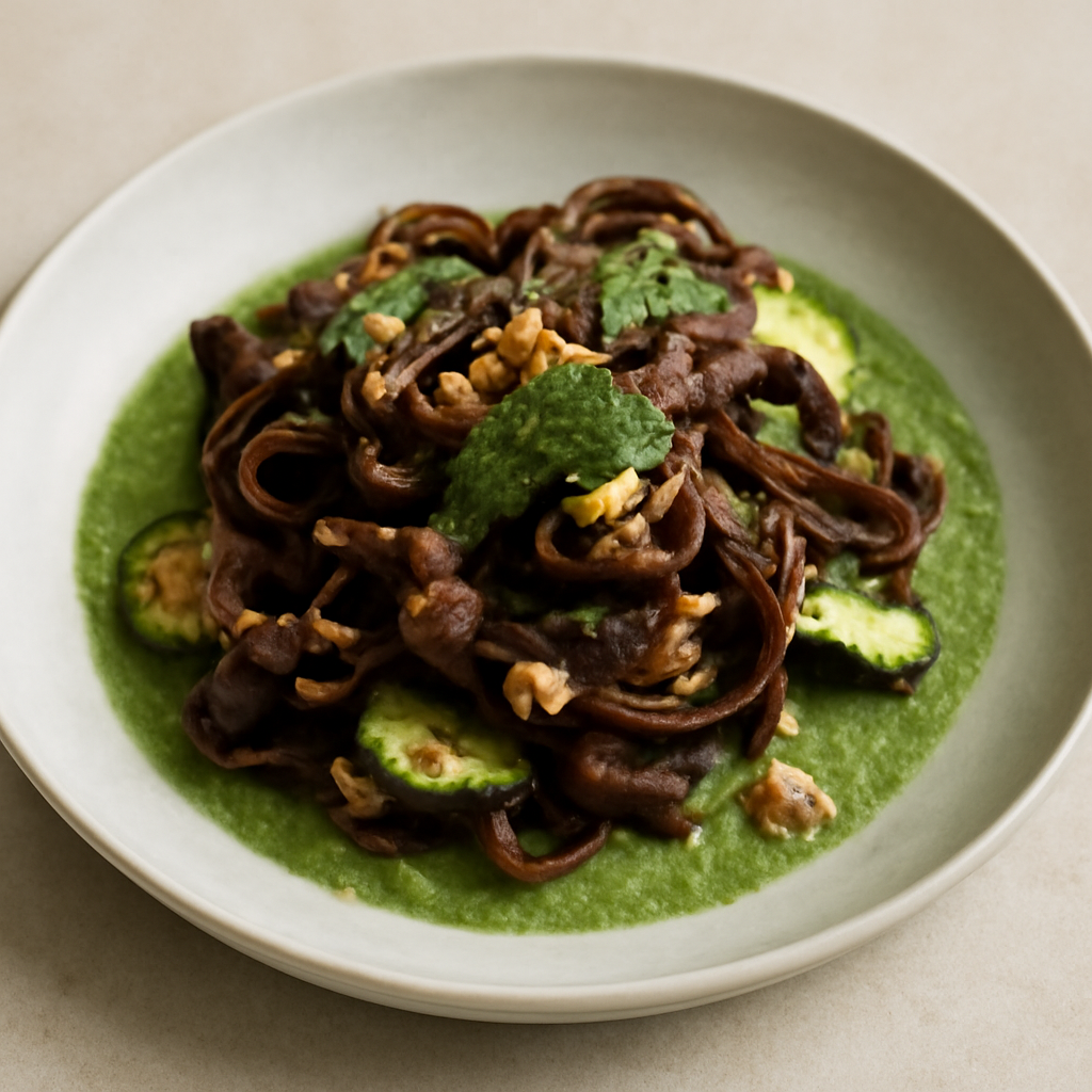 tagliatelle al cacao in vellutata di menta e noci