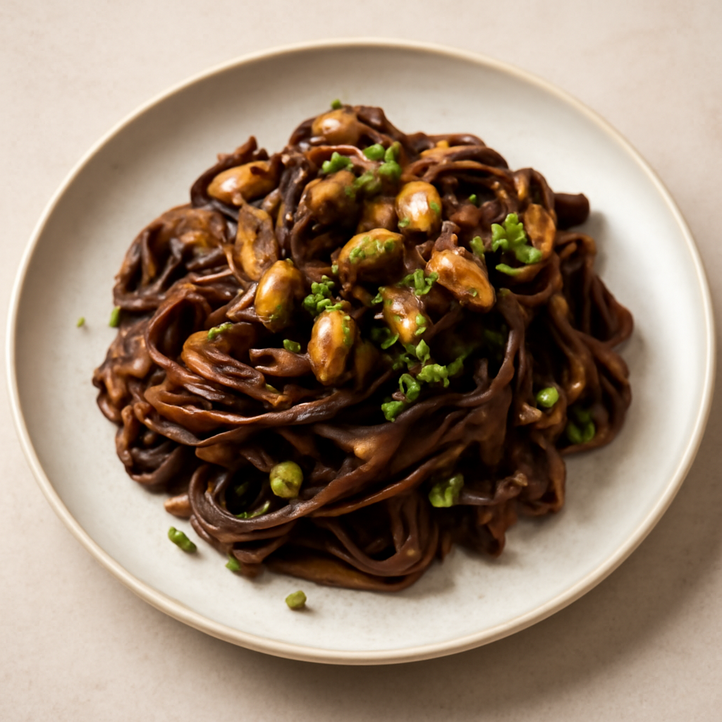tagliatelle al cacao, melanzana glassata