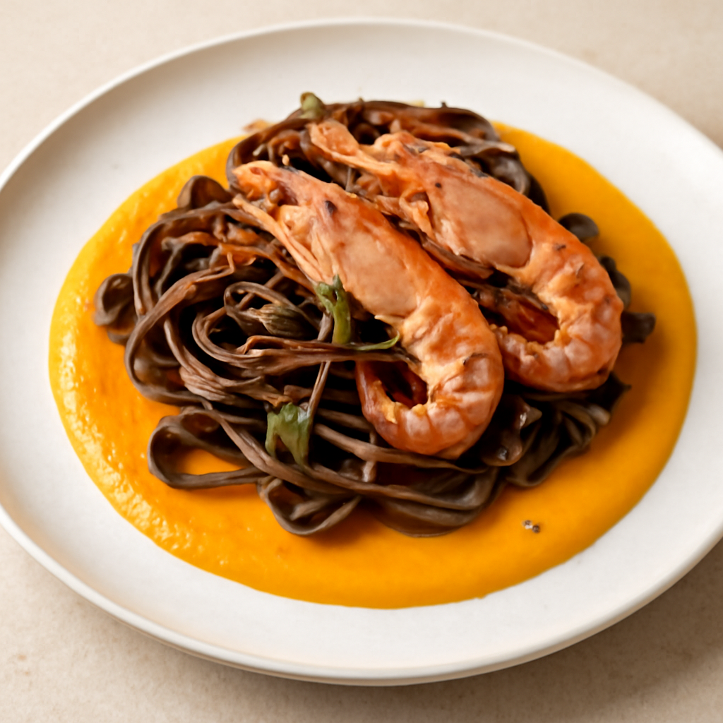 Tagliatelle al caffè e scampi su crema di zucca