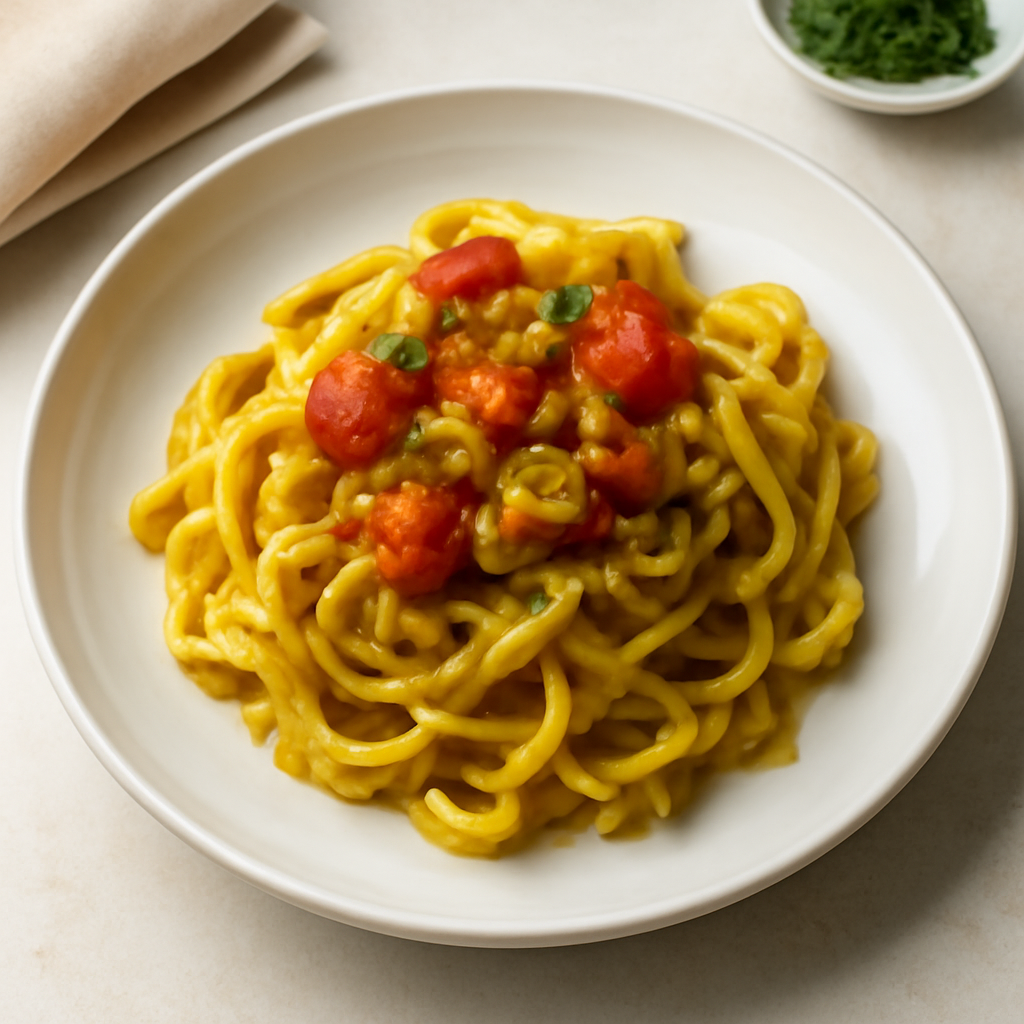 Tagliatelle al curry con sugo di pannocchie.