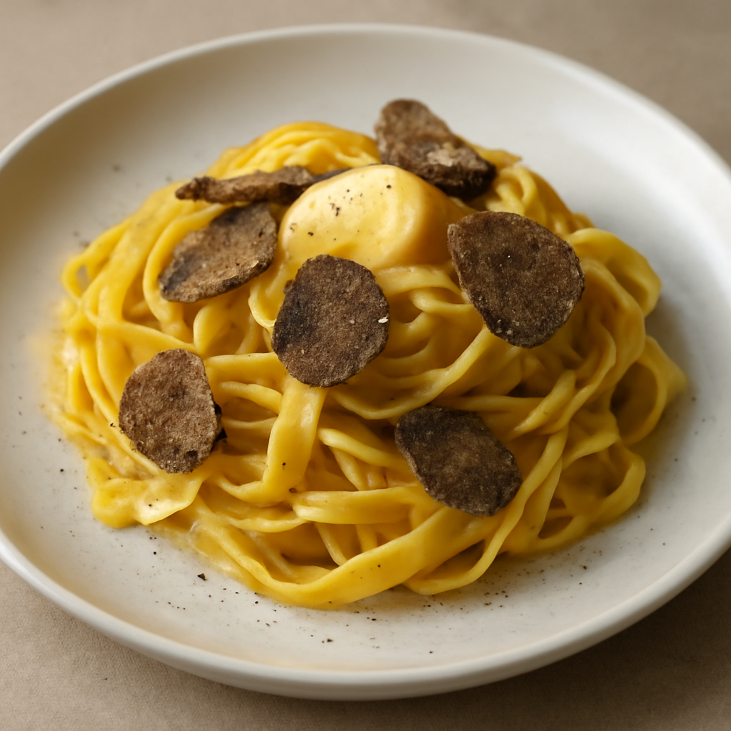 Tagliatelle al rosso d’uovo e scaglie di nero pregiato