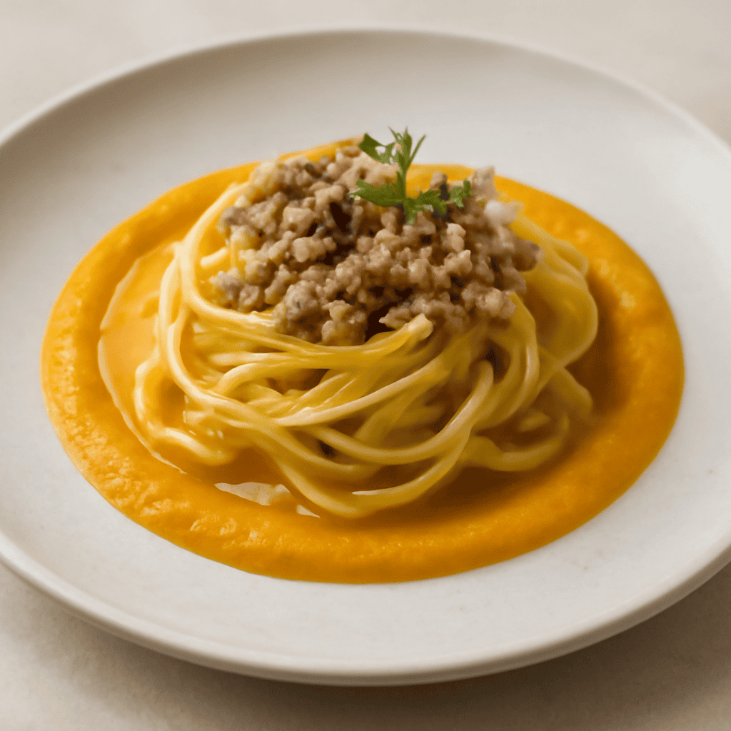 TAGLIATELLE ALL UOVO AL RAGU BIANCO DI CHIANINA SU VELLUtaTA DI ZUCCA E FINOCCHIO PICCANTE