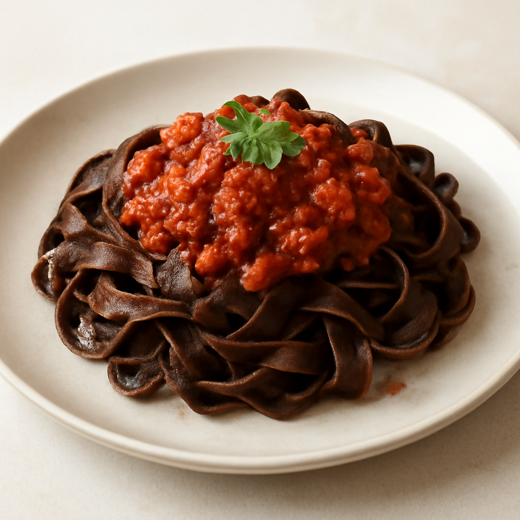 Tagliatelle aromatizzate al cacao, cannella e peperoncino al ragù di capriolo