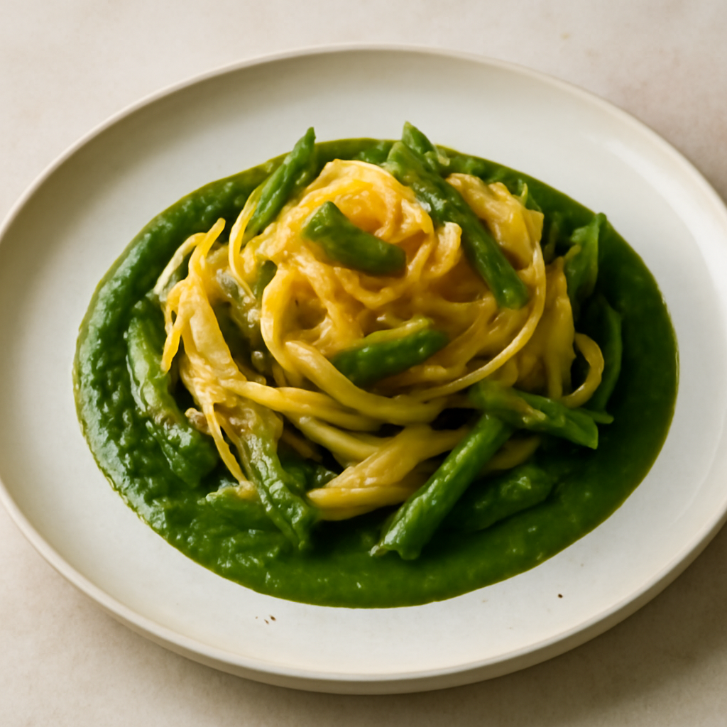 Tagliatelle con asparagi e bottarga di muggine su salsa di spinaci