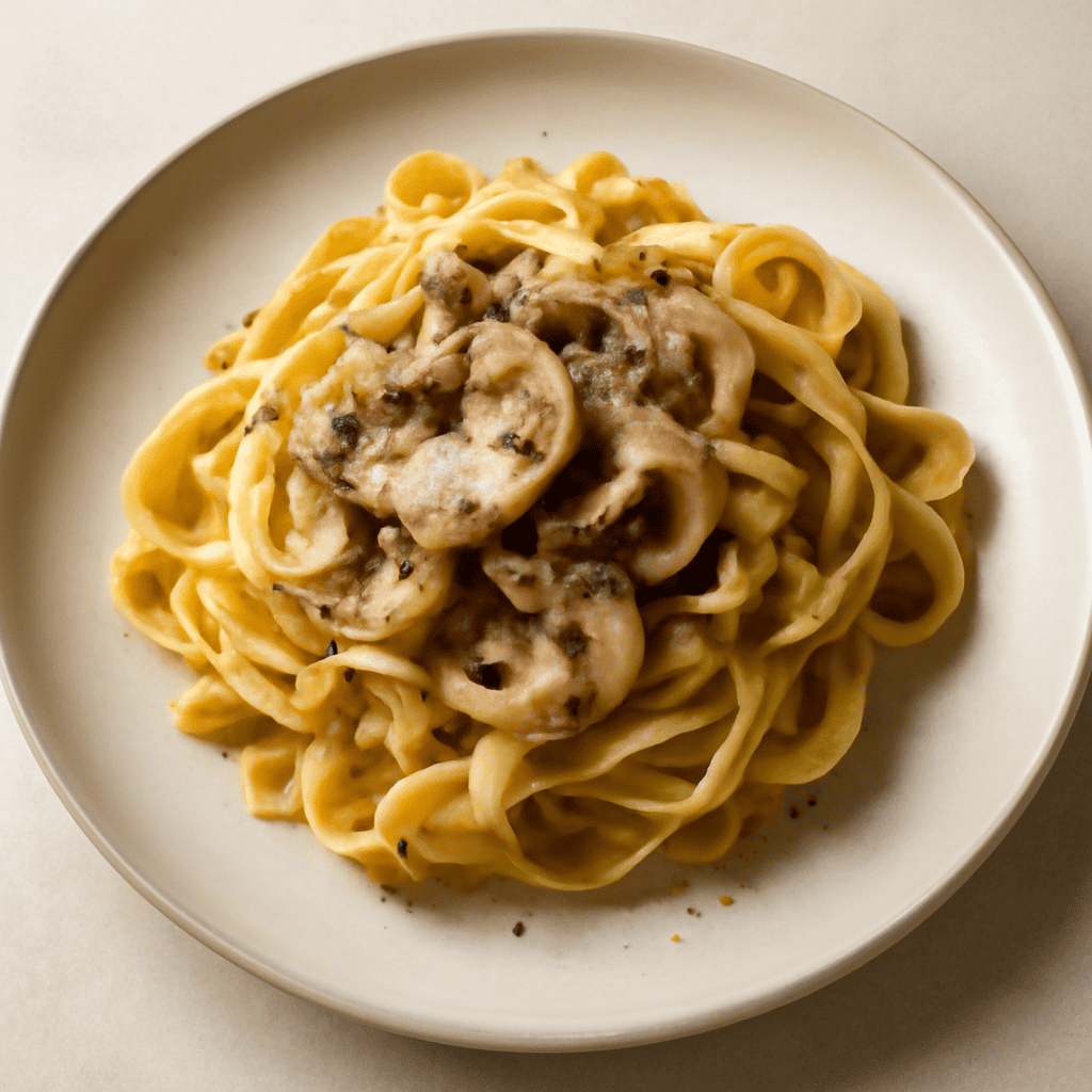 tagliatelle con funghi champignon e crema di ceci