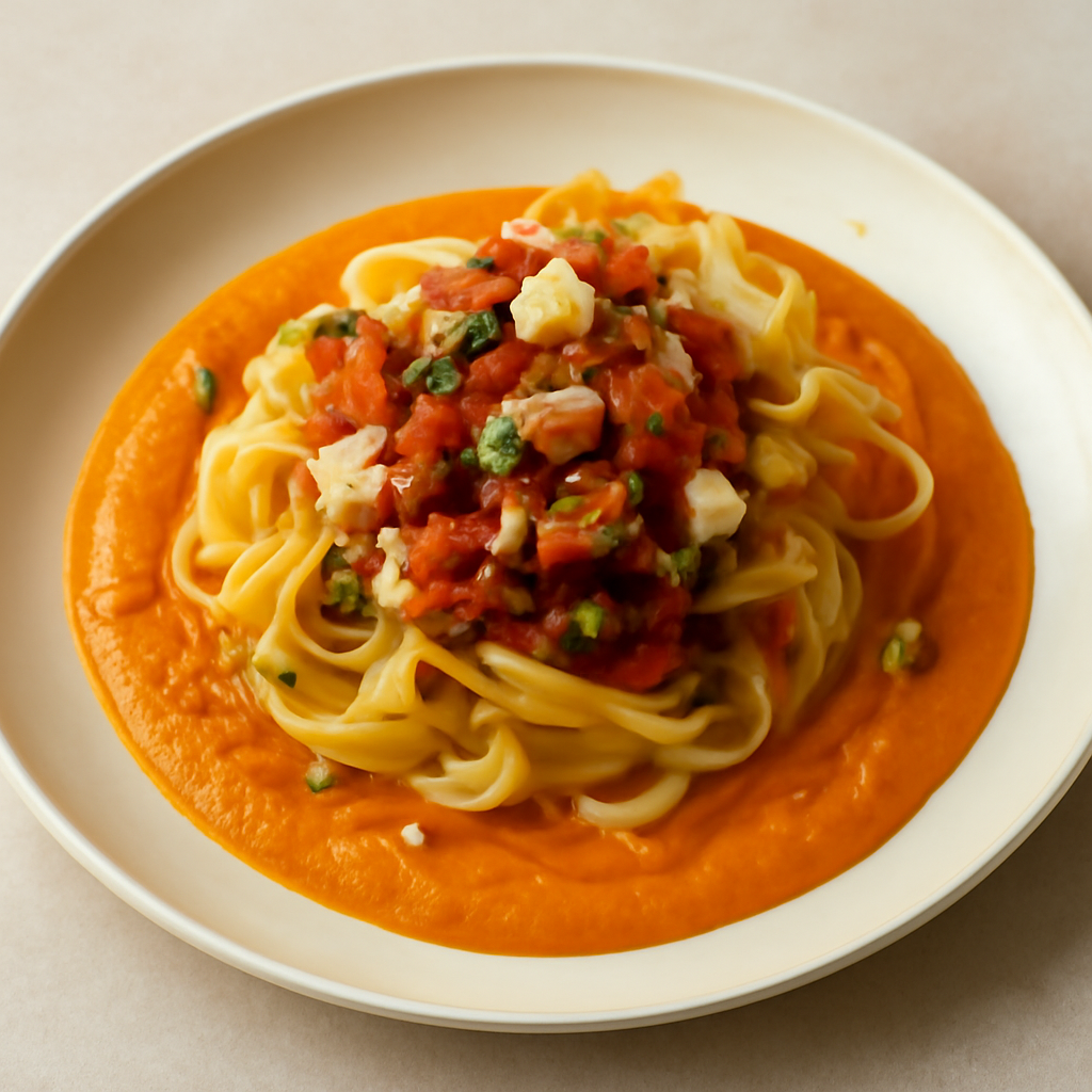 Tagliatelle con ragu di baccalà su crema di carote