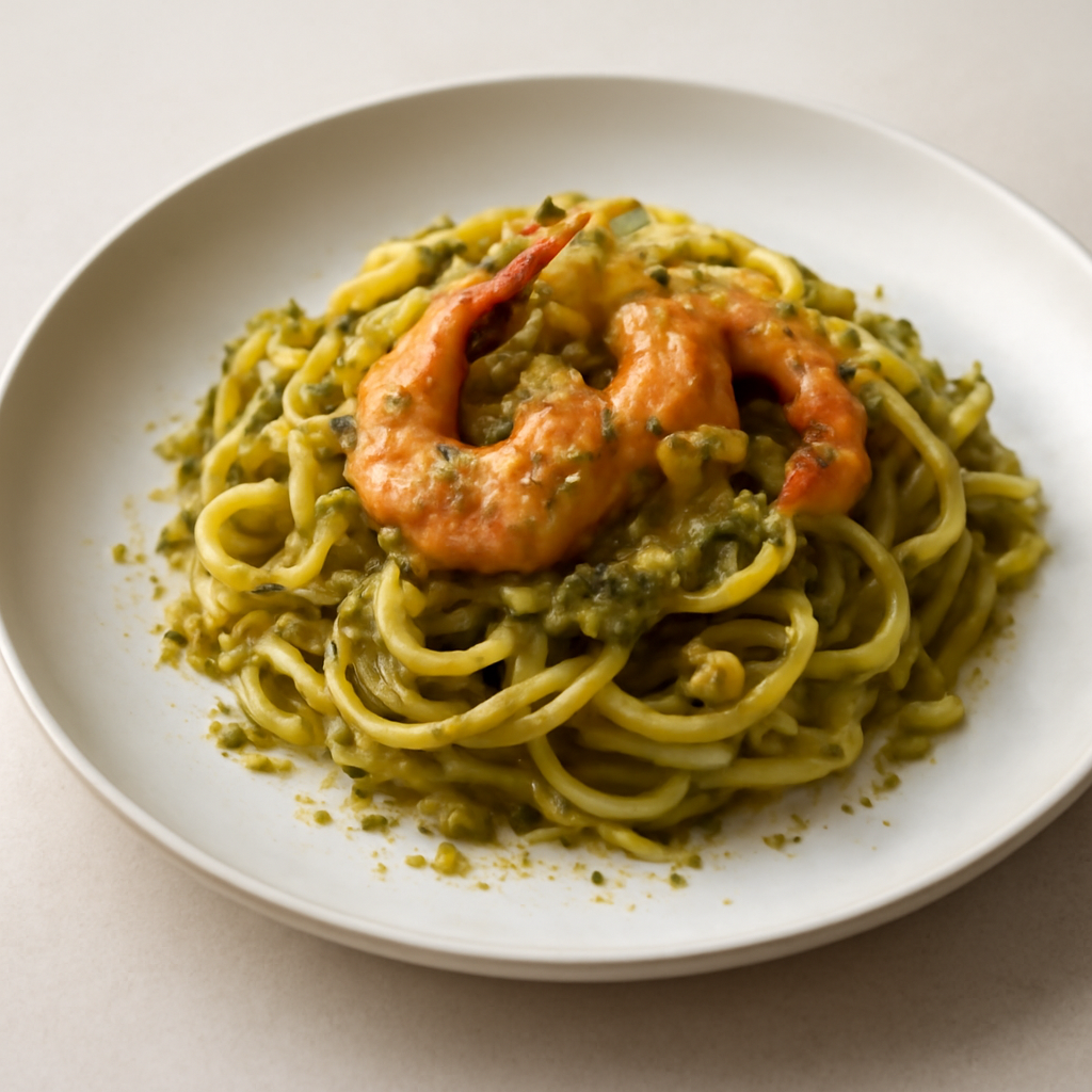 Tagliatelle in salsa di pistacchi e scampi