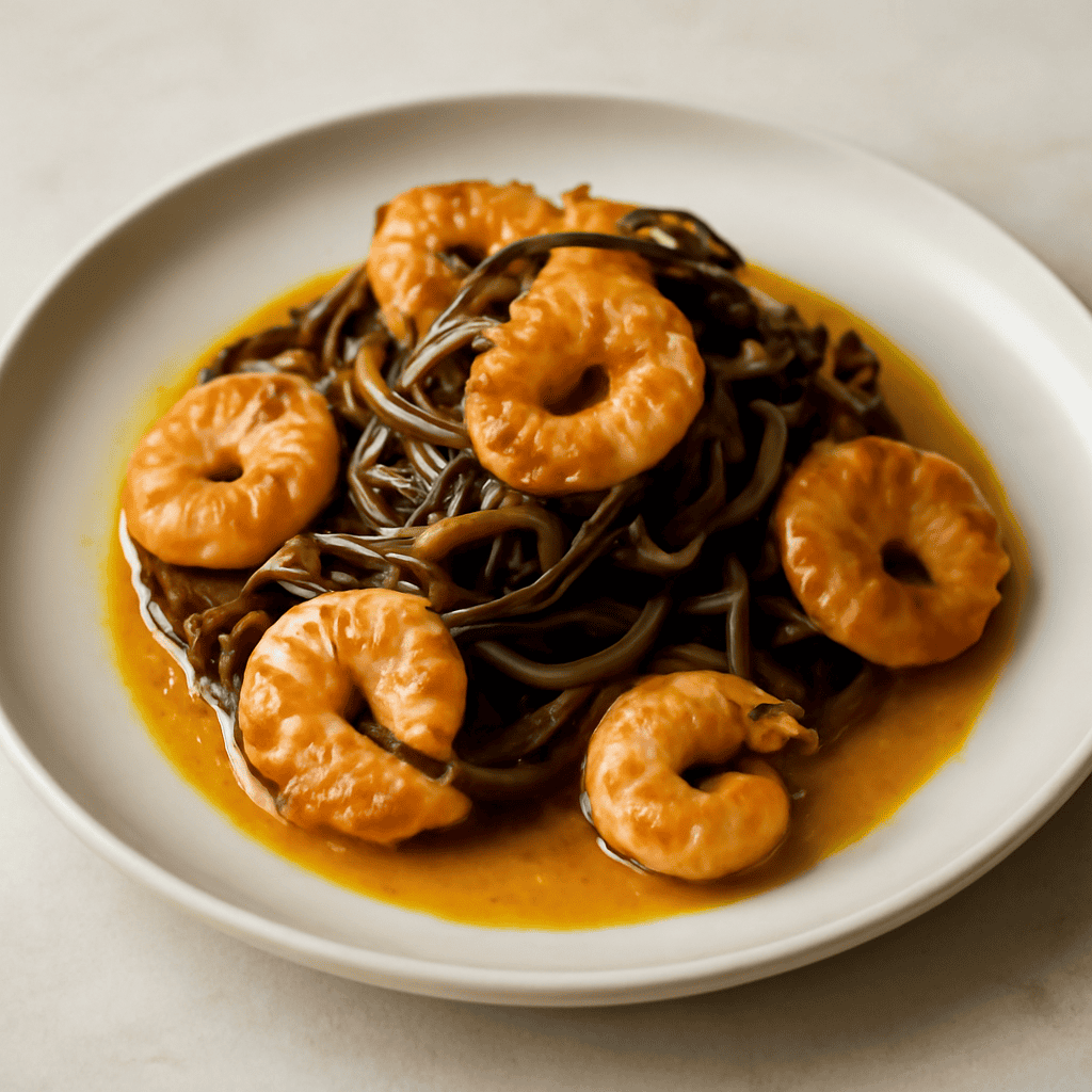 Tagliatelline al caffè saltate in salsa di arancia e gamberi