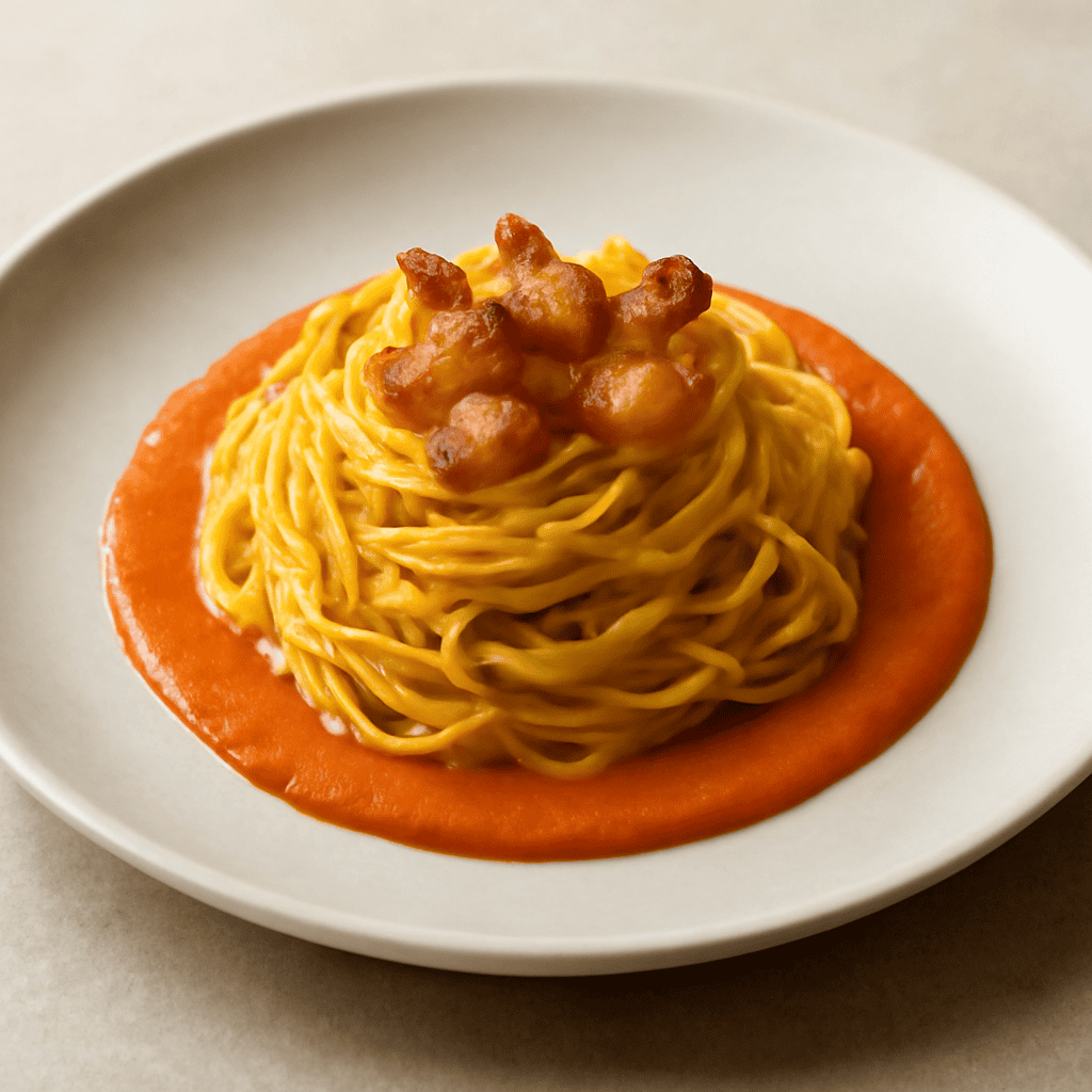 Tagliolini allo zafferano con guanciale su crema di peperone