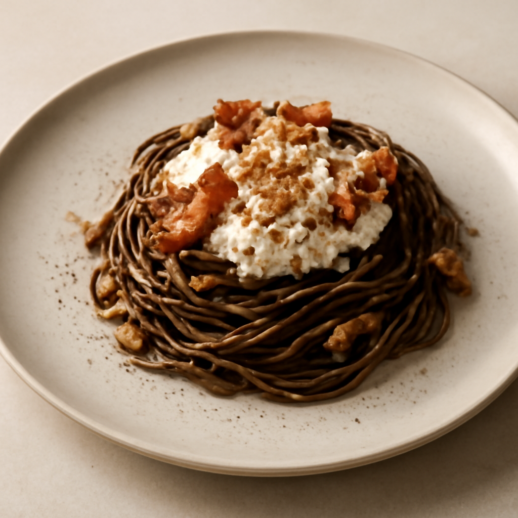 tagliolino al caffè con ricotta noci e guanciale croccante