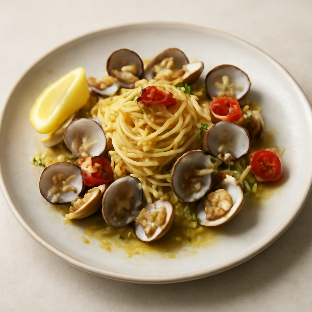 taglioni di farro alle vongole veraci su salsa di limone