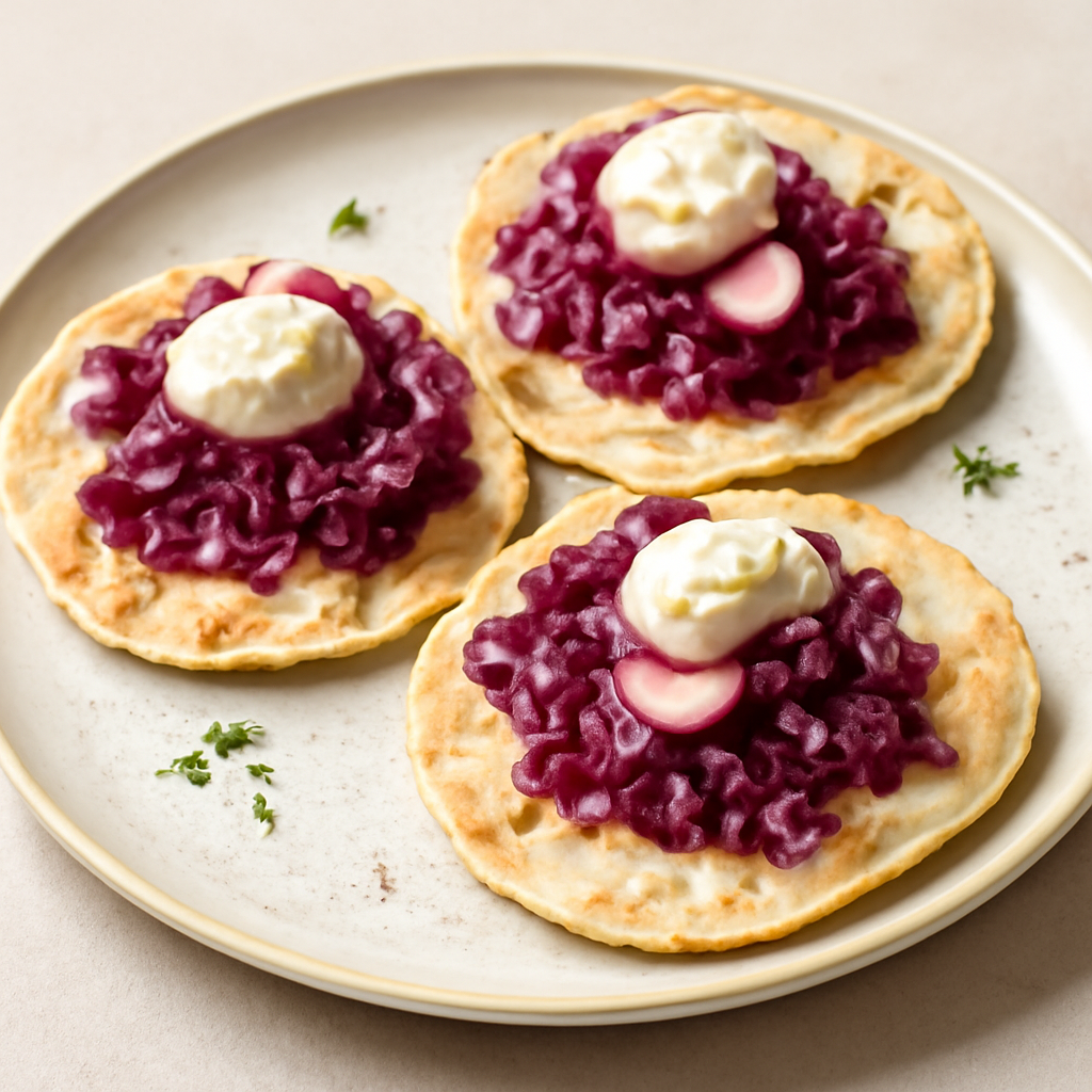 Tapas di piadina con tartare di cavolo rosso e ravanelli con maionese alle mandorle