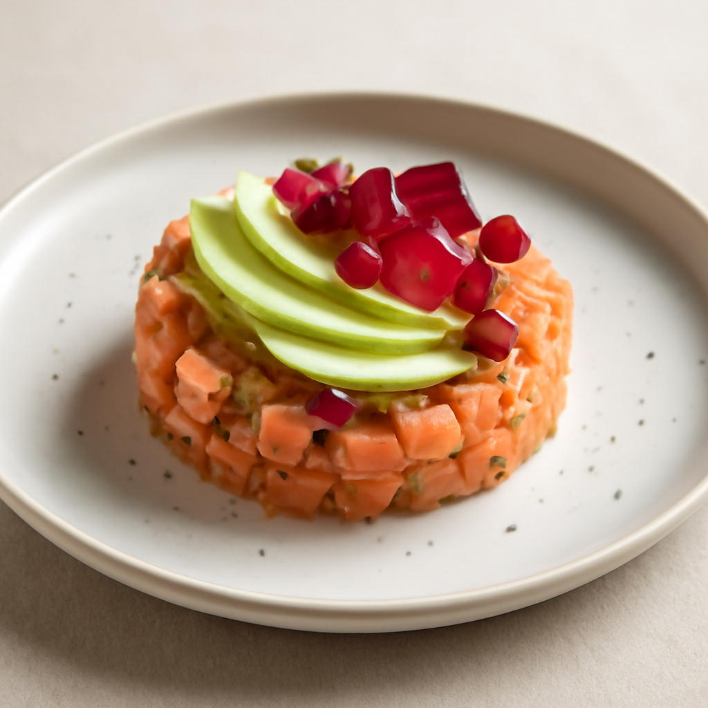 tartar di salmone con mela verde ribes e gelatina di vino rosso