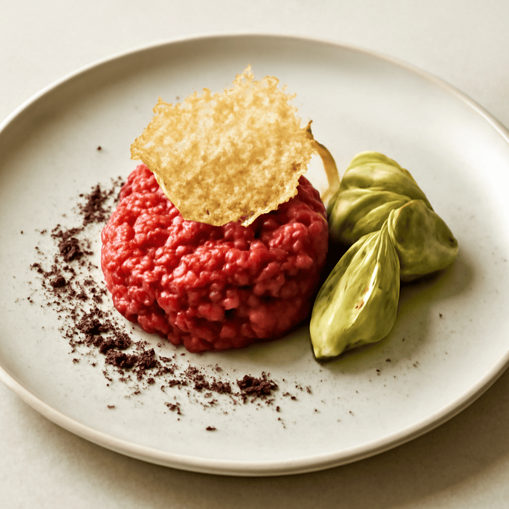 Tartara di manzo tritatata finemente al coltello, con cialda di parmigiano, carciofini e terriccio di cacao