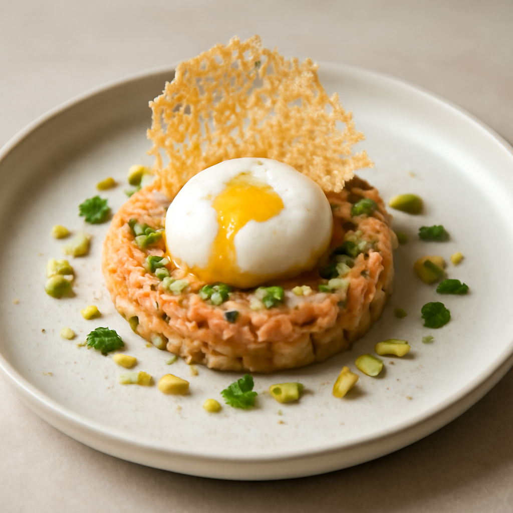 Tartara di mazzancolle uovo pochè e cialda di pecorino