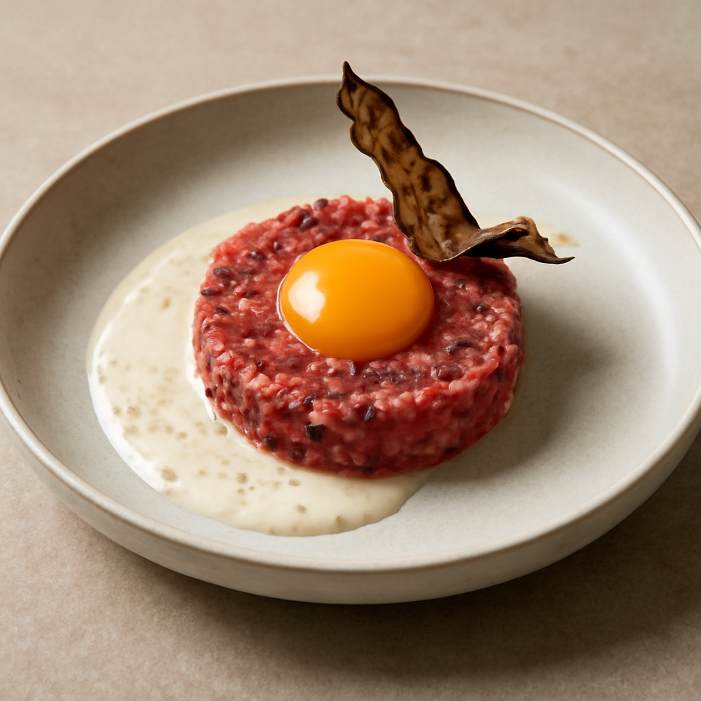 Tartare di Fassona con salsa parmigiano e tuorlo d’uovo