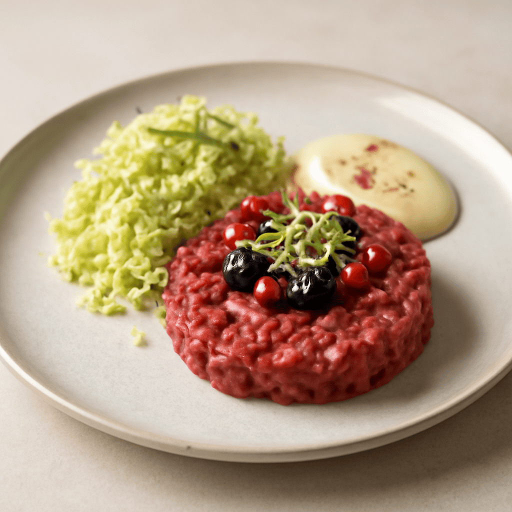TARTARE DI FESONE CON INSALATA DI VERZA, SALSA MAIONESE ALLA SENAPE, GUARNITA CON FRUTTI ROSSI E GERMOGLI DI SOYA