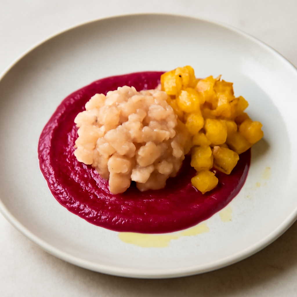 Tartare di gamberi e ananas croccante Servito su una maionese di barbabietola rossa