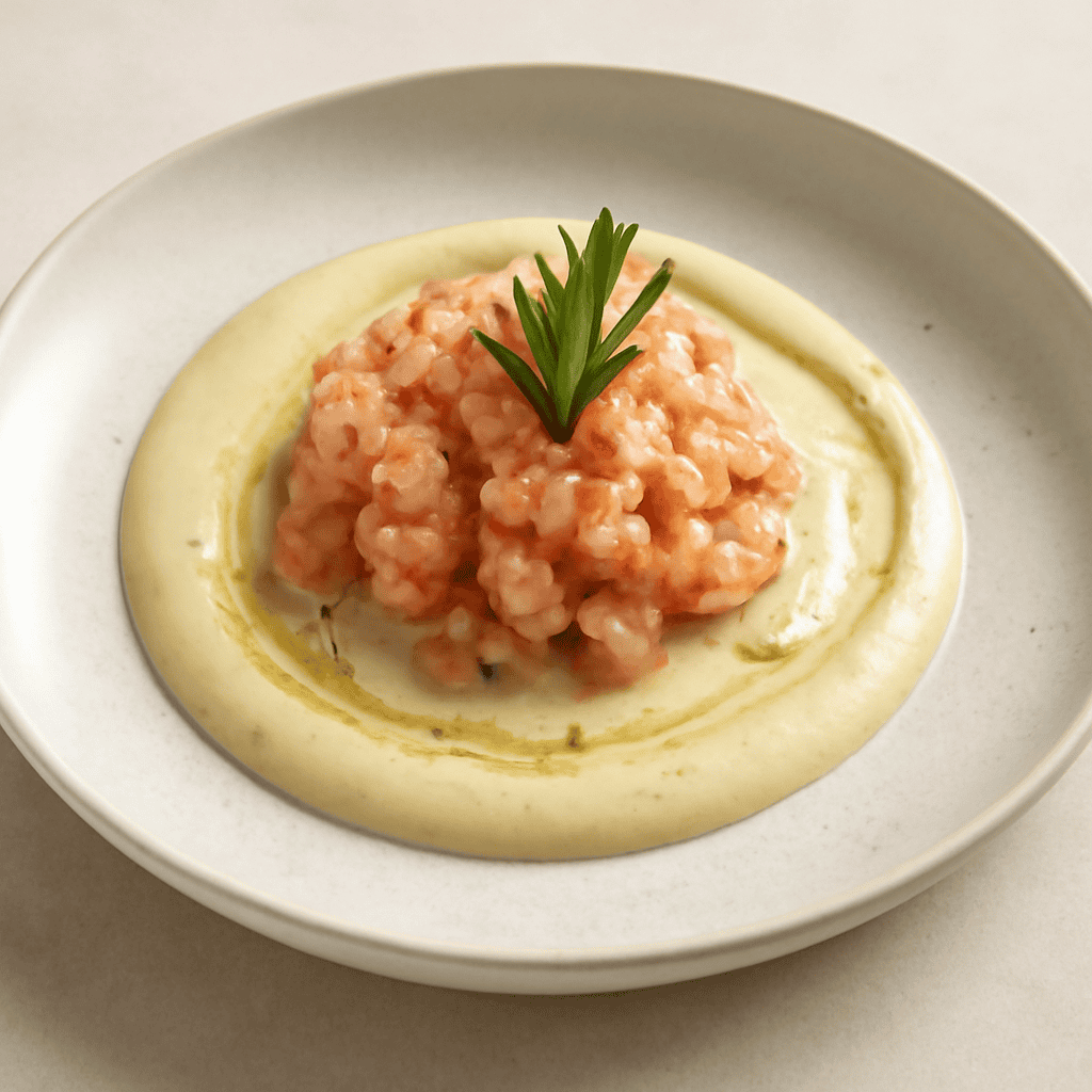 Tartare di Gamberi su crema di topnambur