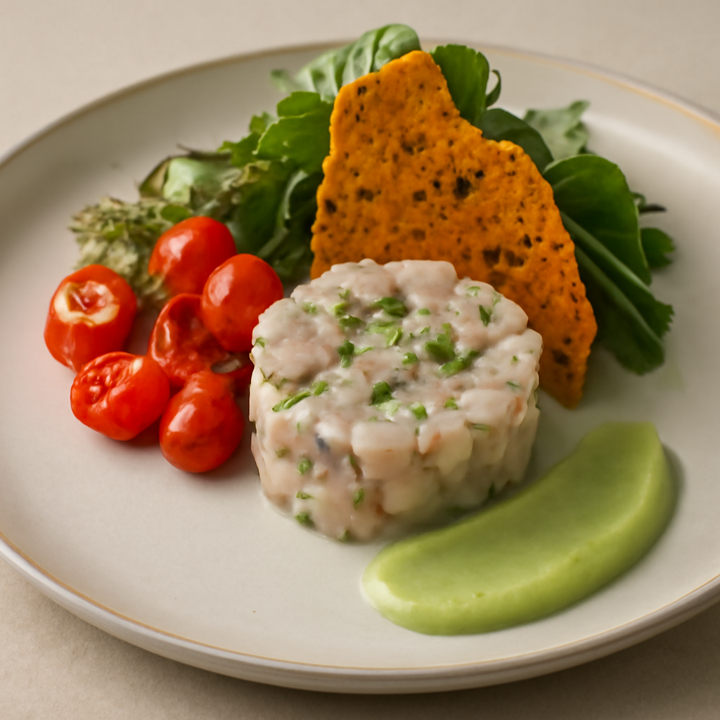 Tartare di ombrina con pomodorini datterini, cialda di zucca e crema di avocado