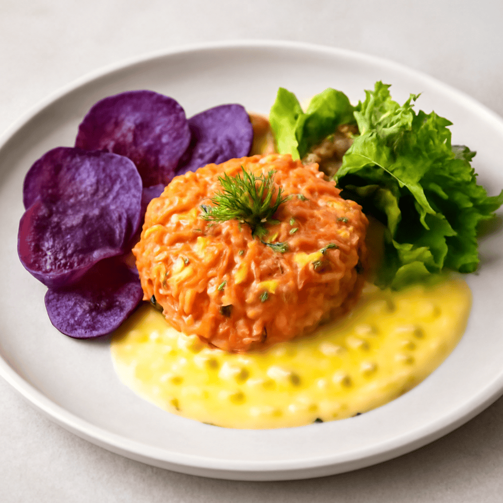 Tartare di salmone all’aneto con chips di patate viola e crema calda al mais