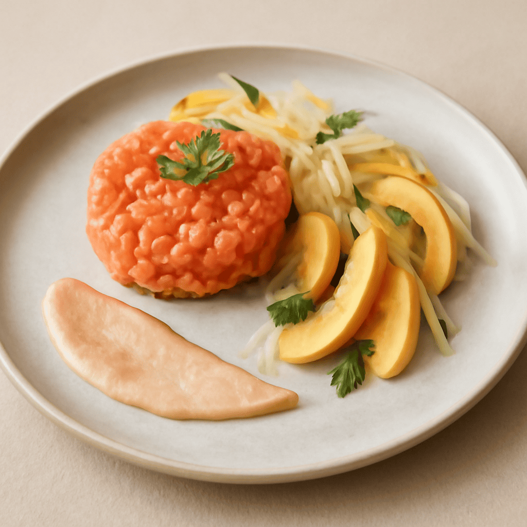 Tartare di salmone con crema di pesche e insalata di finocchi e pesche.