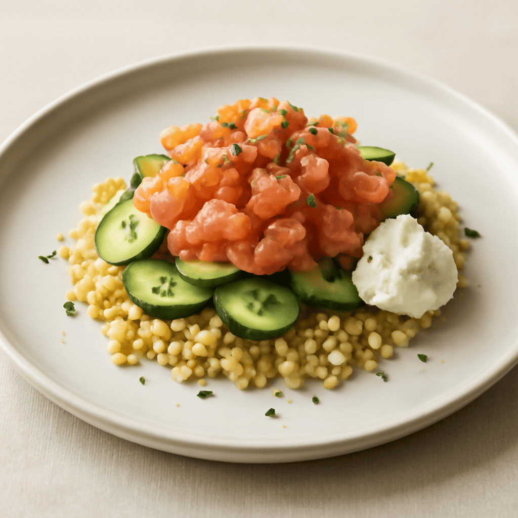 tartare di salmone e zucchine su letto di bulgur