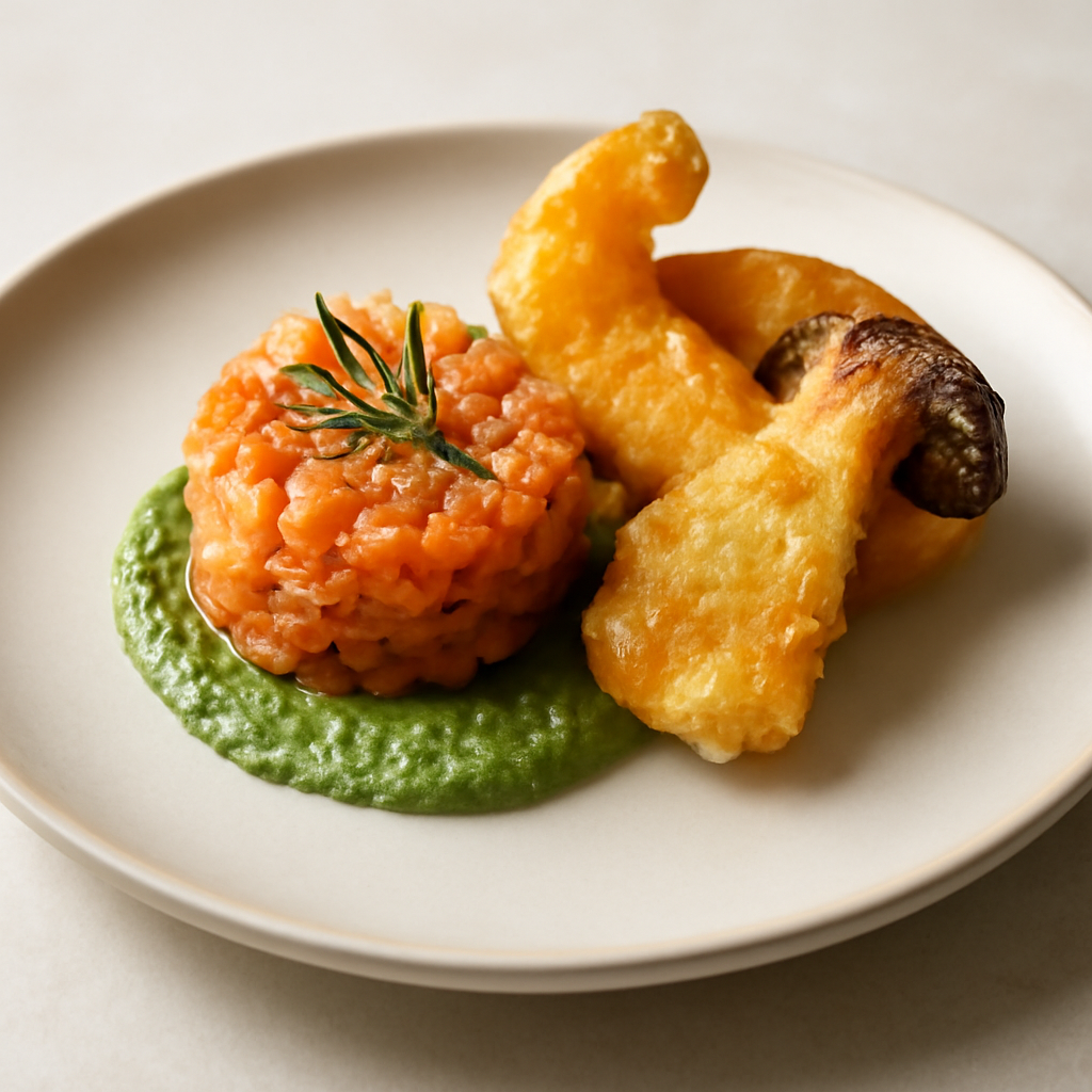 tartare di salmone marinato su maionese di prezzemolo con tempura di zucca e funghi porcini