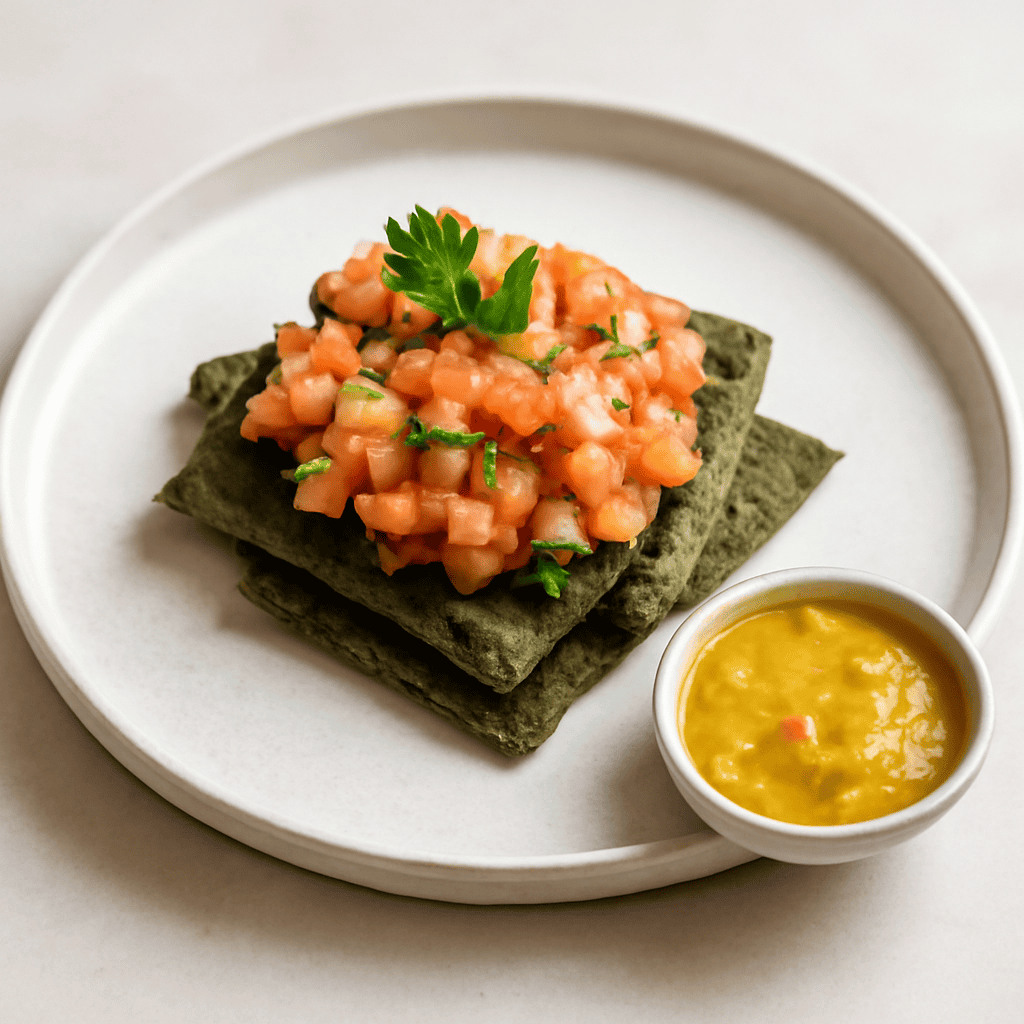 tartare di salmone su biscotti alle alghe marine con salsa ananas e habanero