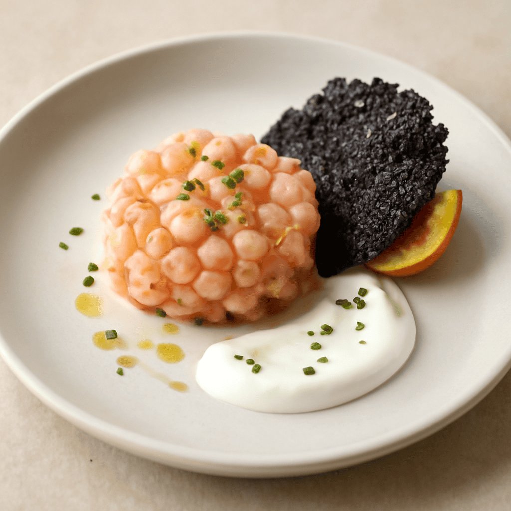 tartare di scampi con cialda di riso venere e salsa allo yogurt