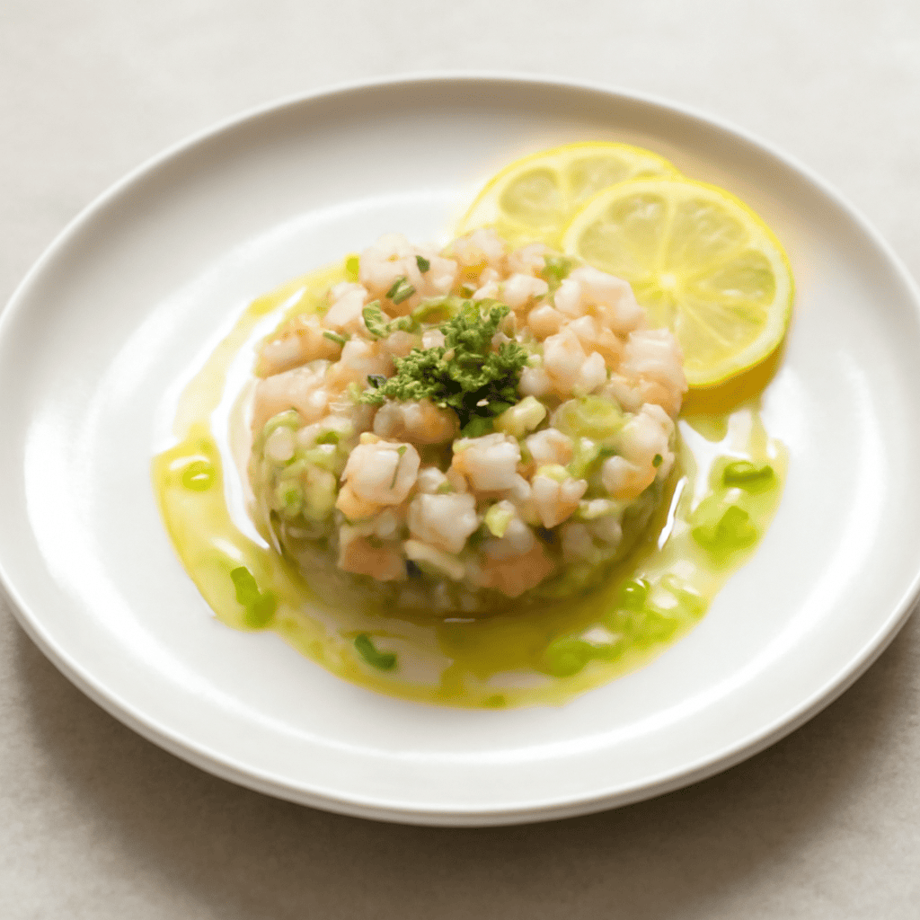 Tartare di scampi con sedano e riduzione di limone