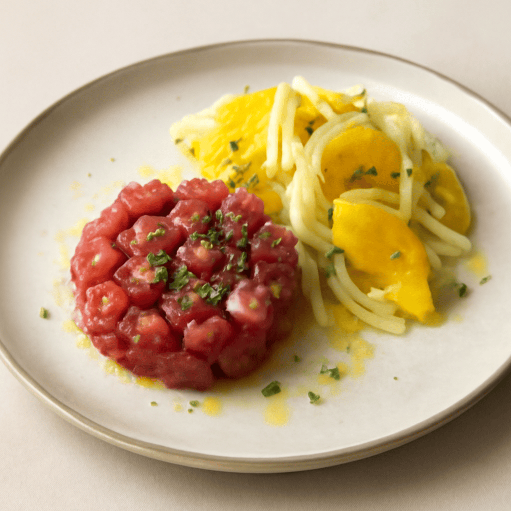 TARTARE DI TONNO CON INSALATA DI FINOCCHI E ARANCE.