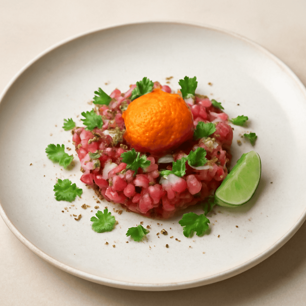 Tartare di tonno e spigola con tuorlo croccante estivo