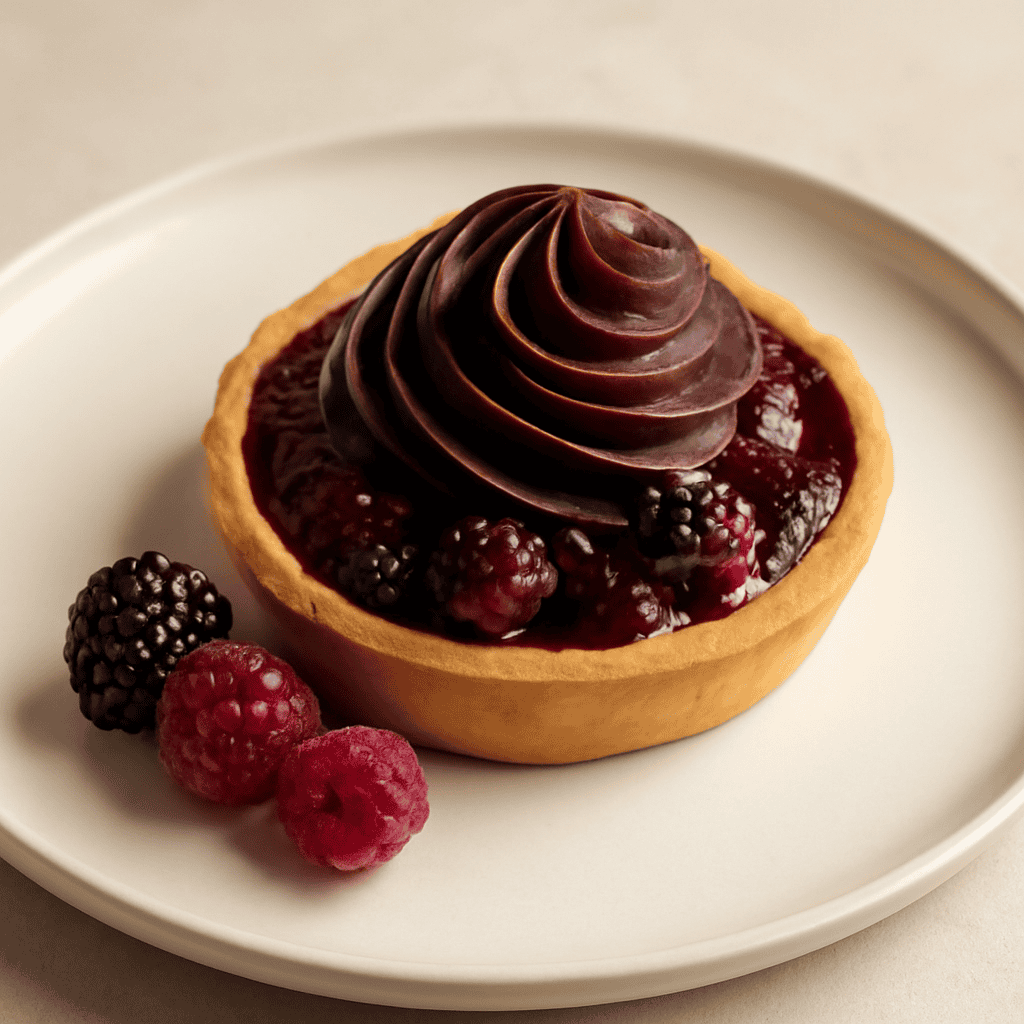 TARTELLETTA CON CONFETTURA FRUTTI DI BOSCO E GANACHE AL CIOCCOLATO FONDENTE