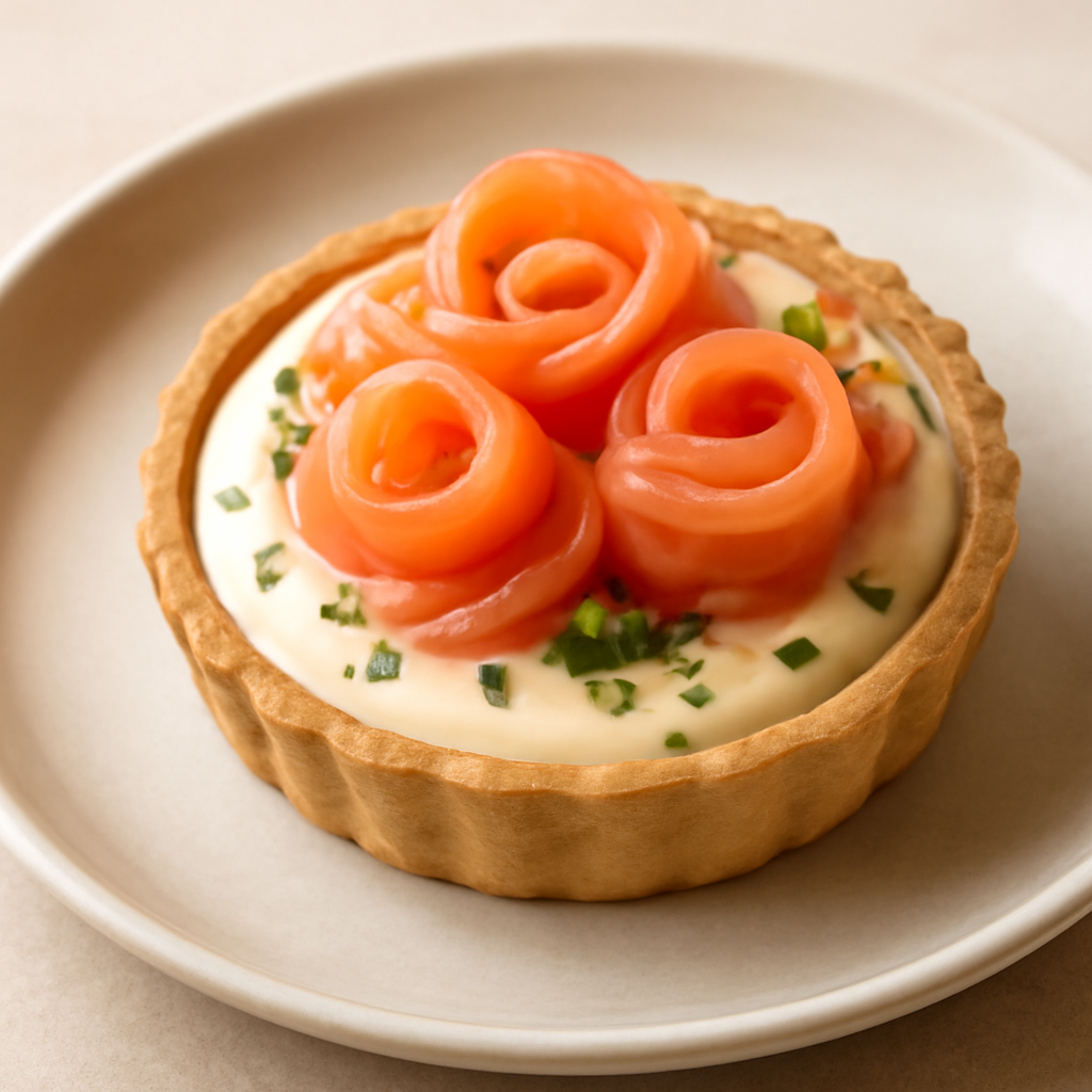 Tartelletta con crema di formaggio e rose di salmone