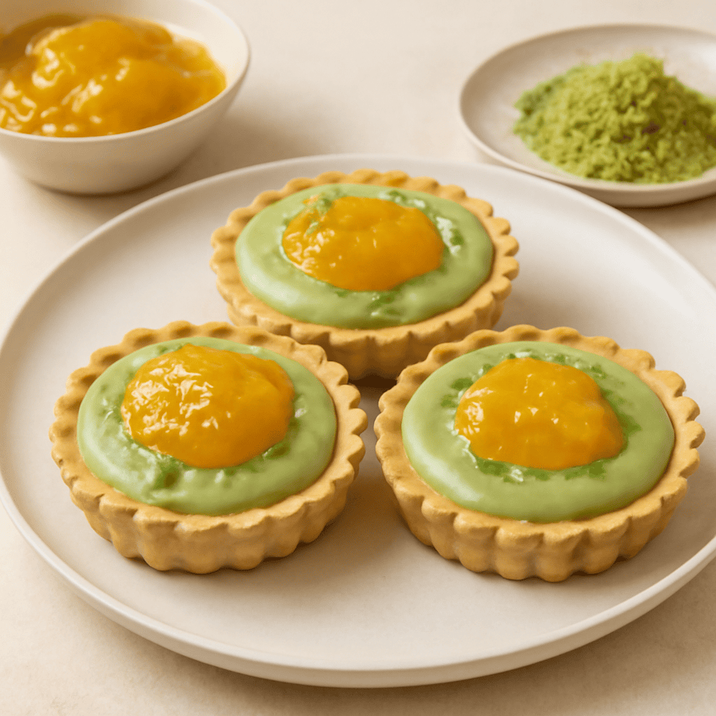 Tartellette con ganache al te matcha e confettura di mango e zenzero