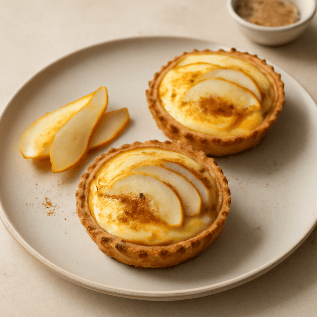Tartellette con pere e crema catalana allo zenzero