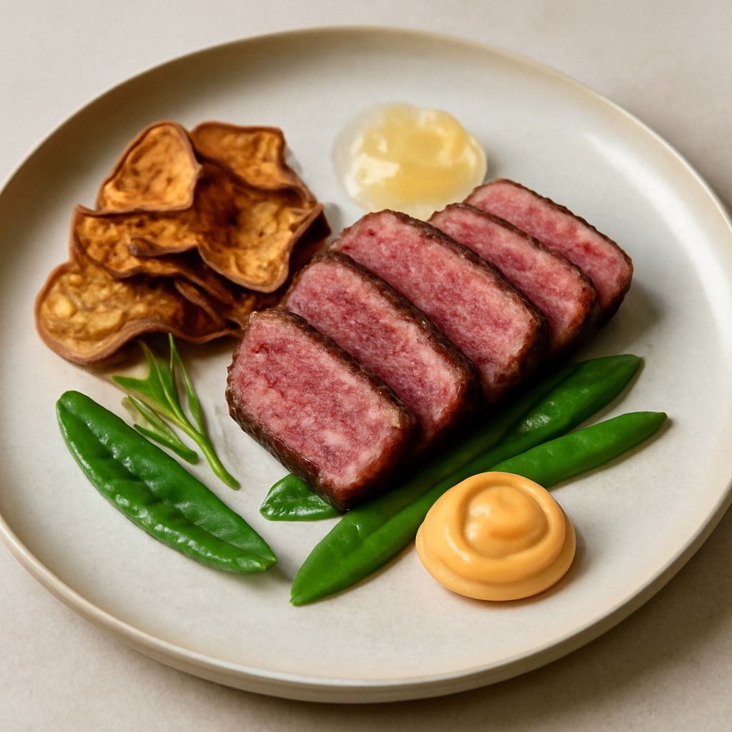 Tataki di manzo con chips di melanzane taccole croccanti mayonese alla paprika e gelatina di vino bianco