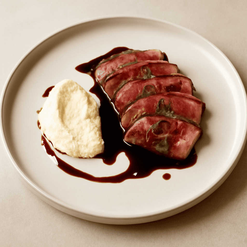 Tataki di manzo con salsa al rafano e riduzione di porto.